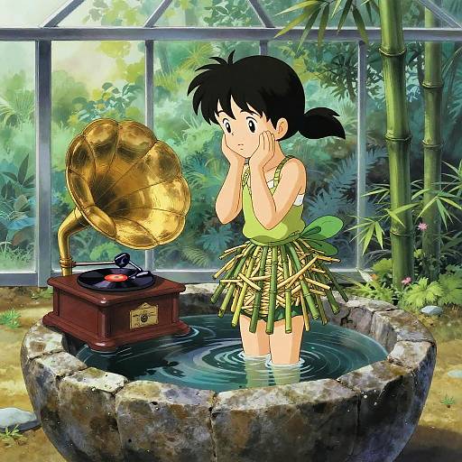 Anime-style drawing of a young girl with black hair, green leaf skirt, and tank top, standing in a stone pond, listening to a golden gram