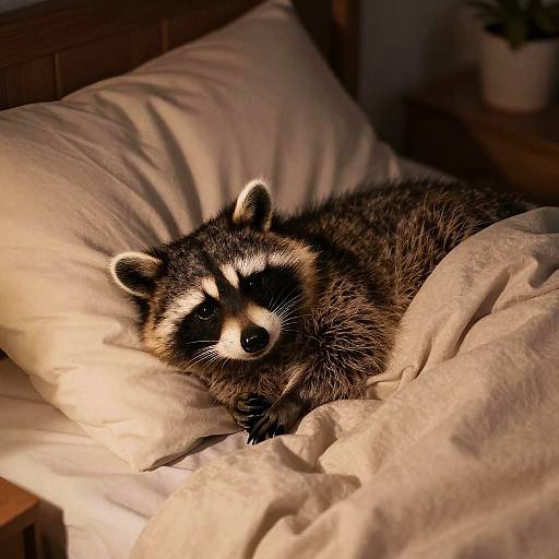 Photograph of a raccoon with black-and-white face, lying on a rumpled white pillow in a dimly lit bedroom.
