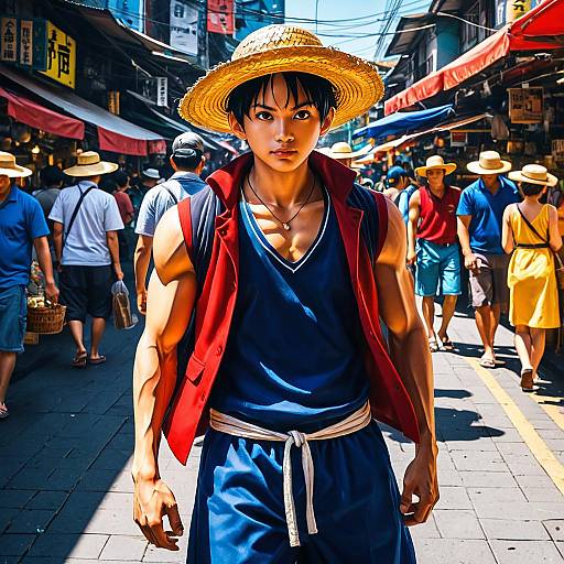 Anime Style Muscular Male in Straw Hat at Busy Street Market