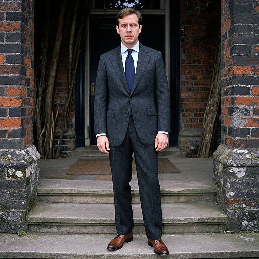 Photograph of a serious-looking man in a dark pinstripe suit, white shirt, and navy tie, standing on brick steps of an old,