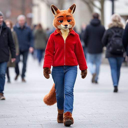 Photograph of a red fox anthropomorphic character wearing a red jacket, blue jeans, and brown shoes, walking in a blurred, urban street with pedestrians