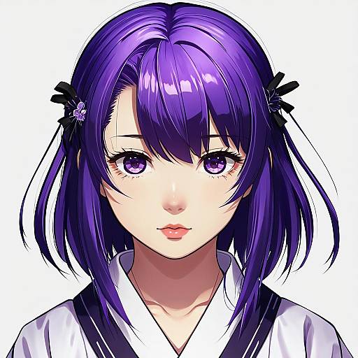 Digital anime-style portrait of a young girl with vibrant purple hair, purple eyes, and black hairpins, wearing a white kimono with black trim.