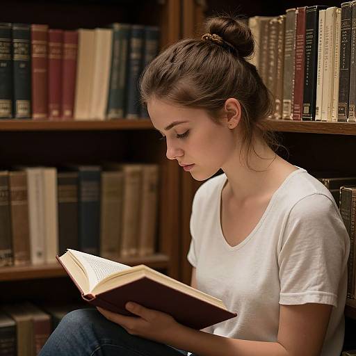 Photograph of a young woman with brown hair in a bun, wearing a white t-shirt, reading a book in a dimly lit library with wooden