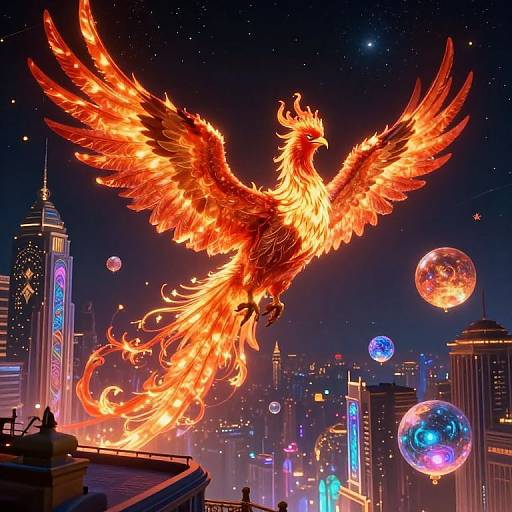 Fiery Phoenix Above Neon Cityscape