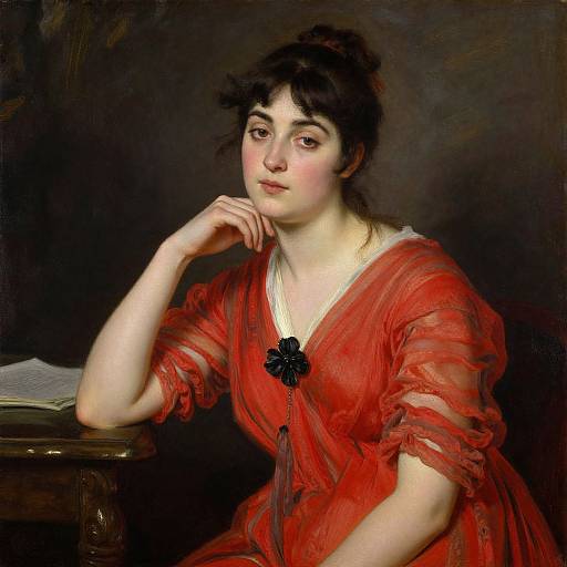 Classical oil painting of a pale-skinned, dark-haired woman in a red, translucent dress with black flower brooch, resting her chin on her