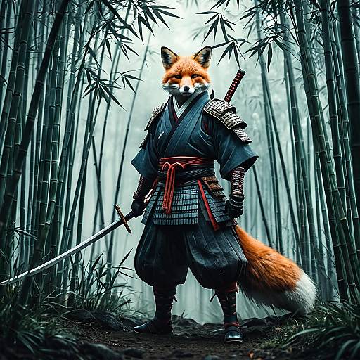 Fox Samurai in Misty Bamboo Grove