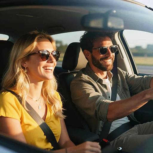 Photograph of a smiling blonde woman in a yellow shirt and a bearded man in a gray shirt driving a car. Both wear sunglasses, with sunlight