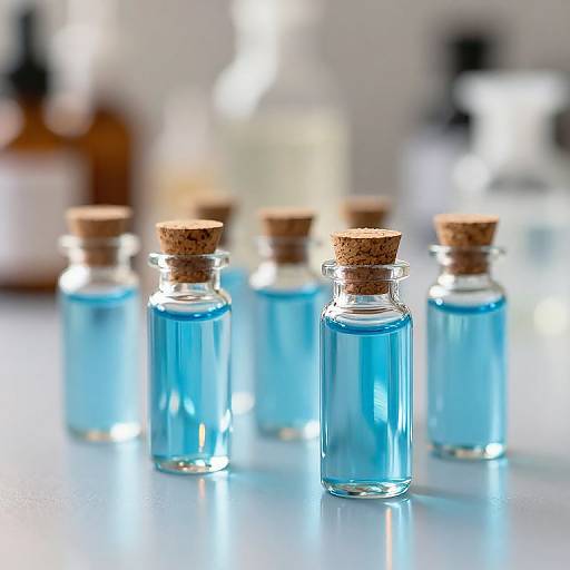 Iridescent Blue Vials on Reflective Surface