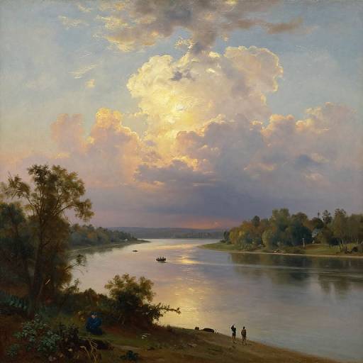 Photorealistic painting of a serene river at sunset, with three figures walking on the bank, cloudy sky, and reflections on the water.