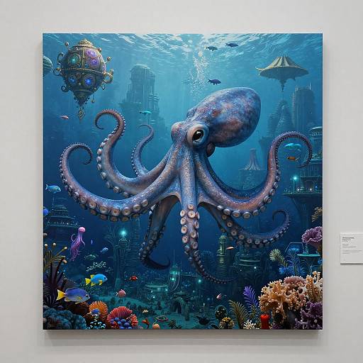 Giant Blue Octopus in Underwater Fantasy City