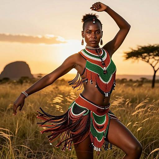 Photograph of a dark-skinned African woman in traditional beaded outfit, posing dynamically in a golden savanna at sunset, with a rocky hill and