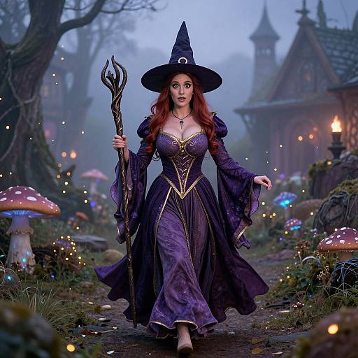 Digital artwork of a red-haired witch in a purple gown and black hat, holding a staff, walking through a magical forest with glowing mushrooms and fairy lights