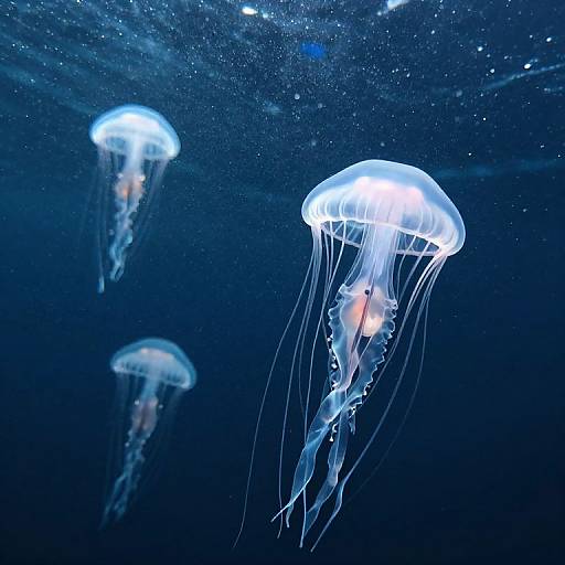 Photograph of three glowing, translucent jellyfish with long, flowing tentacles, floating in a dark blue underwater ocean scene.