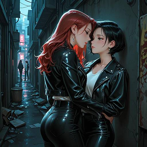 Two Women in Leather Jackets Embrace in Alley
