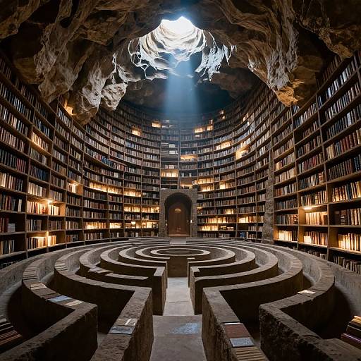 Photograph of a circular, cave-like library with curved stone walls, maze-like steps, towering bookshelves, lit by warm, glowing lights.
