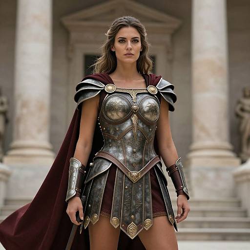 Photograph of a strong, attractive woman in ancient Roman-style armor with a burgundy cape, standing in front of grand columns.