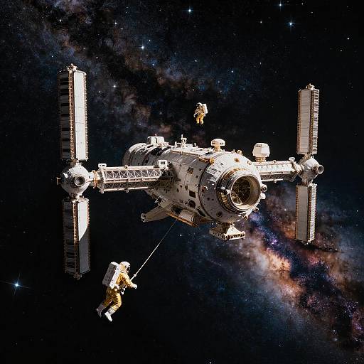 Astronauts Around Space Station in Orbit