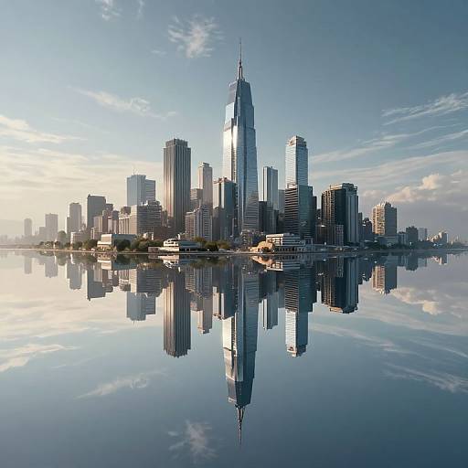 Photorealistic digital image of Chicago's skyline at sunset, featuring One World Trade Center-like skyscraper, reflecting perfectly on calm water.