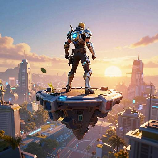 Digital artwork of a futuristic armored warrior standing on a hovering platform above a sunlit, neon-lit cityscape with skyscrapers and clouds.