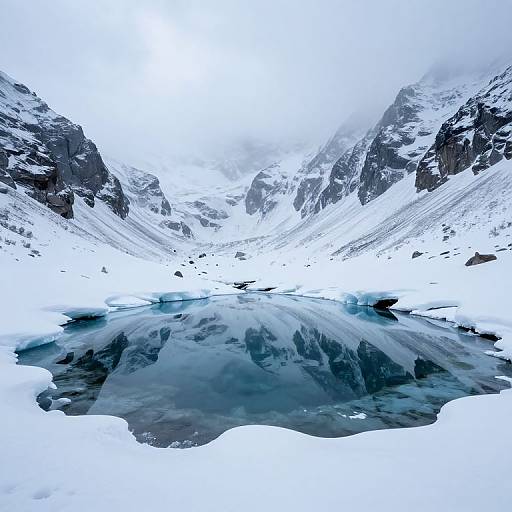 Photograph of a snow-covered mountain valley with a reflective, icy blue lake at the center, surrounded by steep, snow-capped peaks.