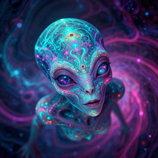 Glowing alien with bioluminescent blue and pink patterns, large purple eyes, and intricate swirling designs, set against a cosmic, starry