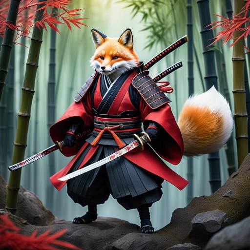 Elegant Samurai Fox in Bamboo Grove Elegant Samurai Fox in Bamboo Grove