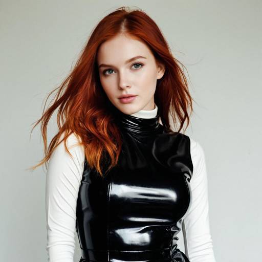 Young Woman in Glossy Black Latex Dress