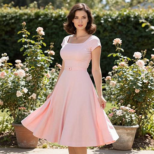 Photograph of a fair-skinned woman with dark brown, wavy hair, wearing a pale pink, short-sleeved, knee-length dress,