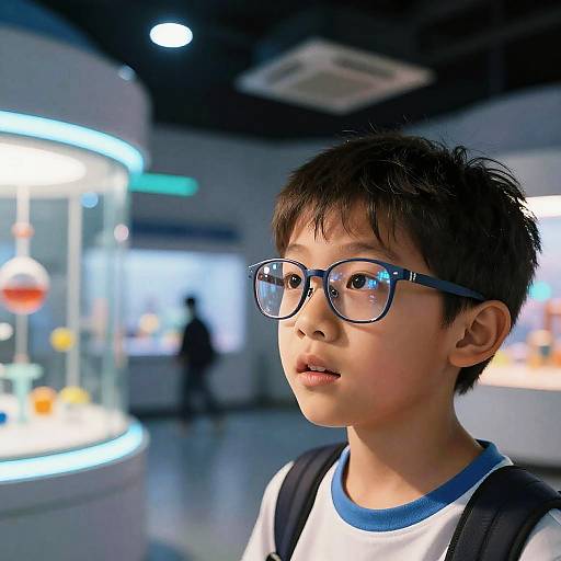 Photograph of an Asian boy with short black hair, wearing blue-rimmed glasses and a white shirt with blue trim, standing in a brightly lit
