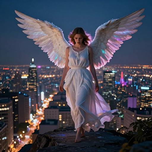 Photograph of a woman with glowing white angel wings, wearing a flowing white dress, standing on a rooftop at night, overlooking a city illuminated with colorful