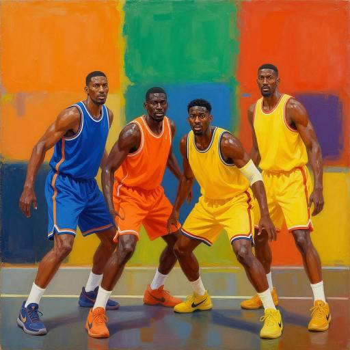 Photograph of four muscular African American male basketball players in blue, orange, and yellow uniforms, posing on a colorful court.