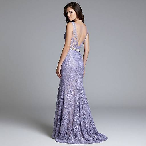 Photograph of a young woman with long dark hair wearing a backless, floor-length, lavender lace gown, standing against a plain gray background.