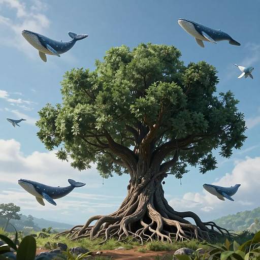Photorealistic digital artwork of a towering tree with extensive roots, surrounded by flying sea turtles under a bright blue sky.