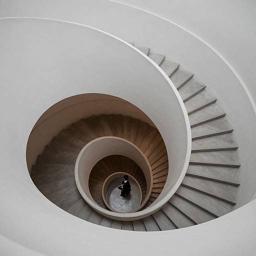 Photograph of a white, spiral staircase with gray steps, viewed from above, featuring a small, dark silhouette at the center.