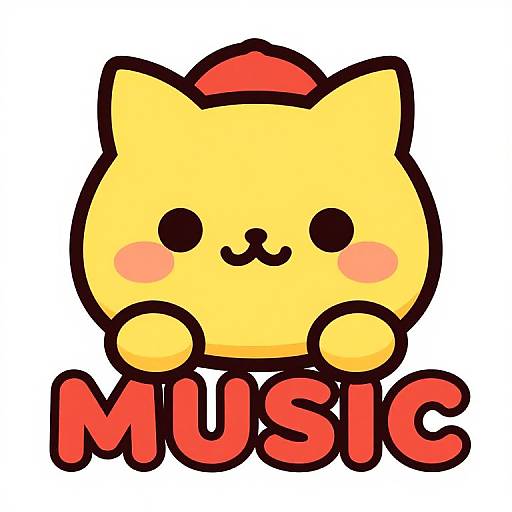 Cute, yellow, cat-shaped character with red hat, black eyes, pink cheeks, and smiling mouth, holding 