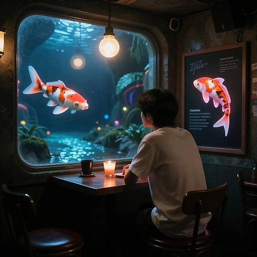 Photograph of a man in a white shirt, seated at a dimly-lit café table, gazing at colorful koi fish in an illuminated