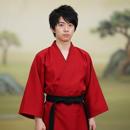 Photograph of an Asian male with black hair, wearing a red karate gi with black belt, standing in a blurred outdoor landscape.