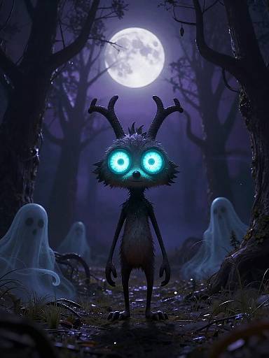 Digital artwork of a glowing, antlered, blue-eyed creature with fluffy fur, standing in a dark, moonlit forest with ghostly figures.