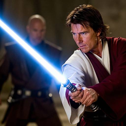 Photograph of a brown-haired man in a red and white Jedi robe holding a glowing blue lightsaber, with a blurred, older man in a dark