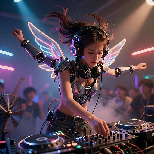 Electrifying Neon DJ with Mechanical Wings