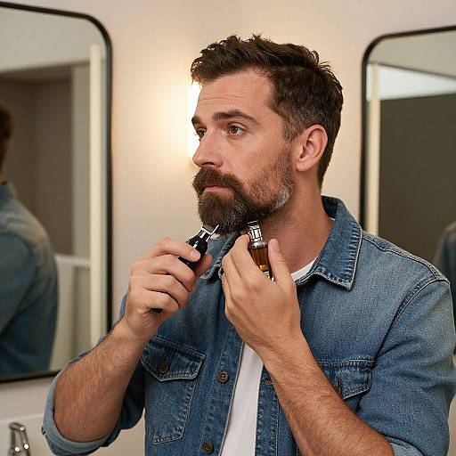 Photograph of a bearded man with short dark hair, wearing a denim shirt, shaving his chin in a brightly lit bathroom.