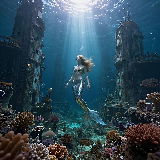 Photograph-like digital art of a silver-scaled mermaid with flowing blonde hair, swimming between two sunlit, ancient, underwater towers surrounded by colorful