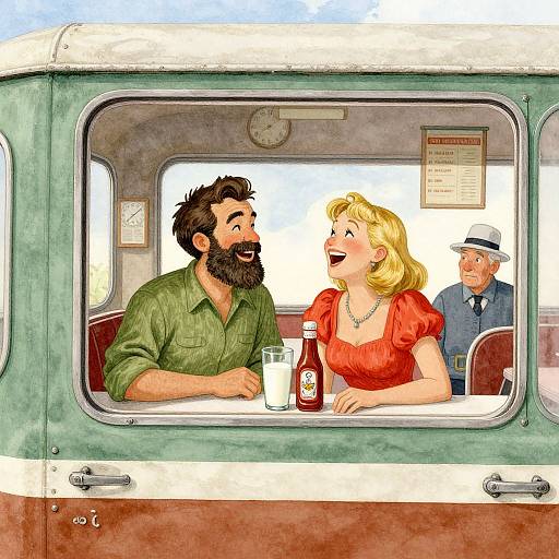 Cartoon illustration of a bearded man in a green shirt and a blonde woman in a red dress laughing inside a vintage bus, with a conductor in