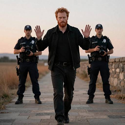 Intense Man in Sunset with Police