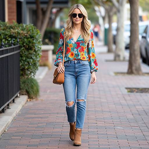 Photograph of a blonde woman with long hair, wearing sunglasses, a colorful floral blouse, ripped jeans, and brown ankle boots, walking on a brick