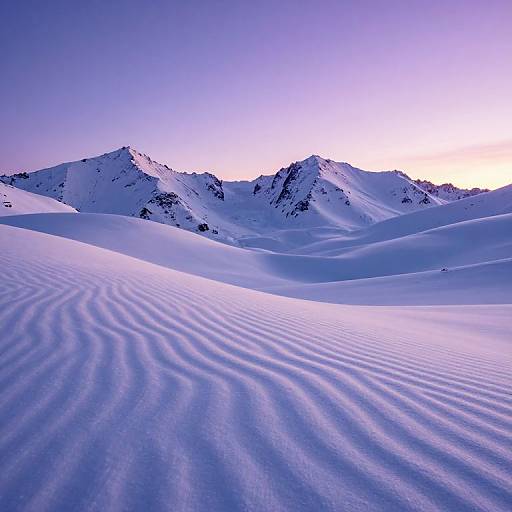 Photograph of a snow-covered mountain landscape with rippled snow patterns in the foreground, under a twilight sky transitioning from blue to purple.