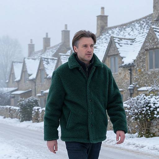 Photograph of a Caucasian man with short brown hair, wearing a green, textured winter coat, walking in a snowy suburban street with stone houses in the