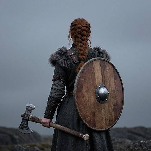 Photograph of a red-haired Viking warrior with braided hair, holding an axe and wooden shield, wearing a fur-collared dark robe, standing