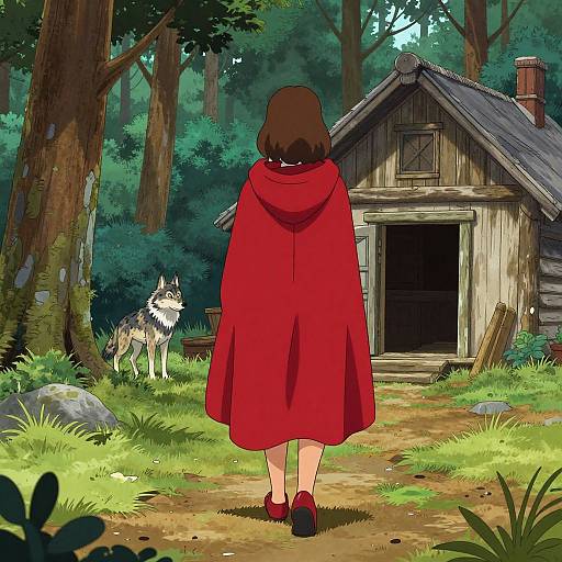 Digital illustration of Little Red Riding Hood from behind, standing on a forest path, facing a wooden cabin with a wolf.