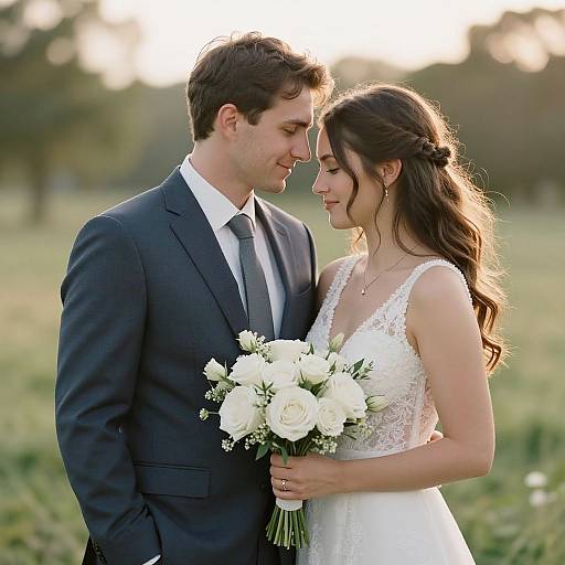 Photograph of a couple in an outdoor field, the groom in a dark suit and tie, the bride in a white lace dress, holding a bouquet